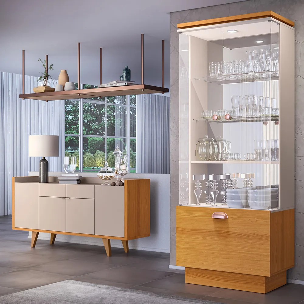 Conjunto Cristaleira e Buffet Aparador Decorativo Aura/Melodia Off White/Cinamomo G26 - HB Móveis