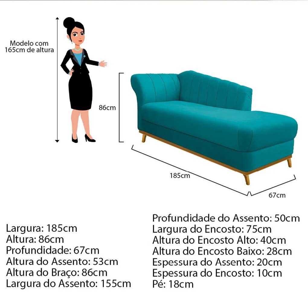 Recamier Vanessa 185cm Lado Esquerdo Suede Azul Turquesa - ADJ Decor