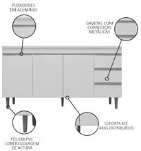 Balcão Gabinete Para Pia 150cm com Tampo 3 Portas Andréia Branco - AJL