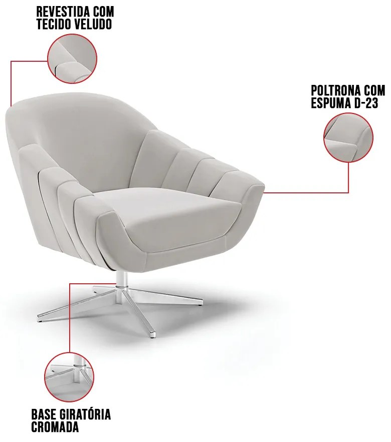 Poltrona Giratória Giovana Veludo Base Cromada D03 - D'Rossi - Cinza