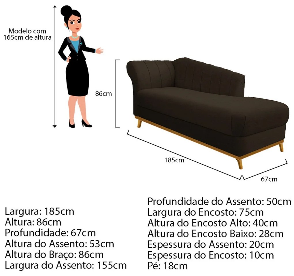 Recamier Vanessa 185cm Lado Direito Corano Marrom - ADJ Decor