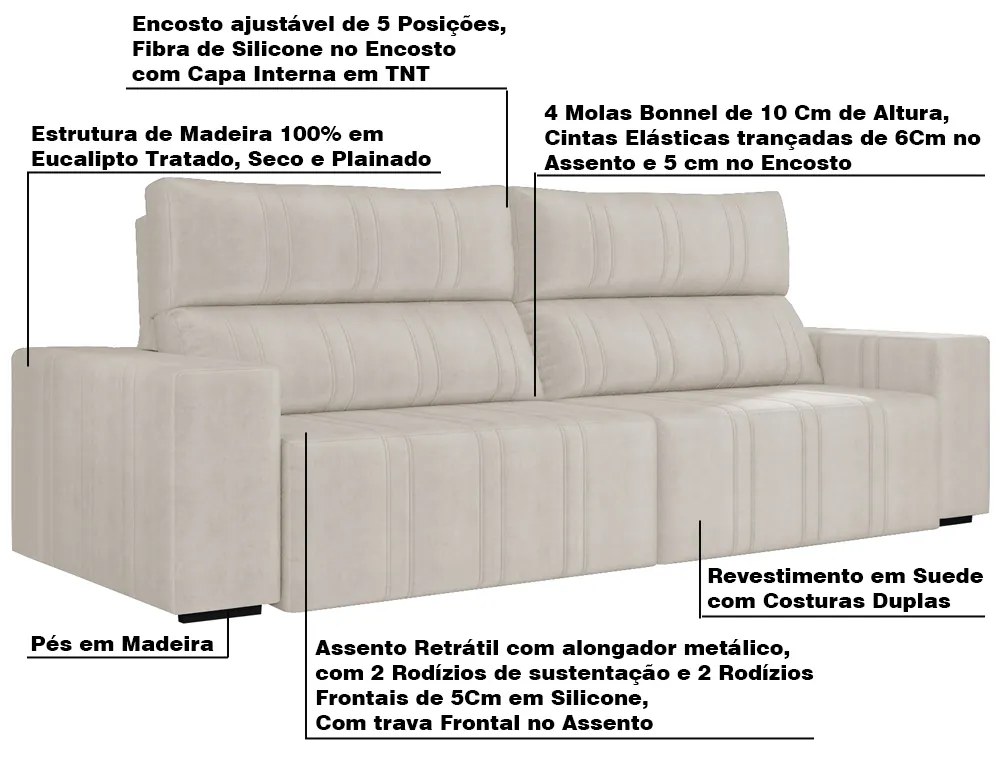 Sofá Retrátil 214 cm Sala de Estar Leonel Suede Bege G52 - Gran Belo