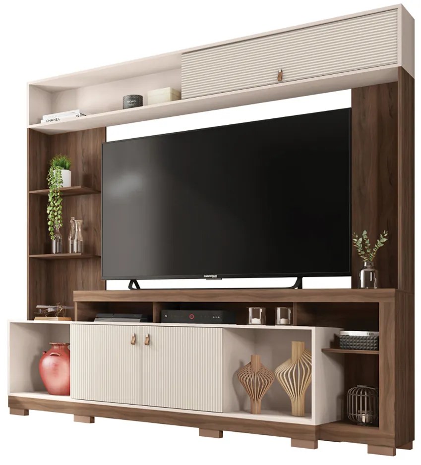 Home Theater Ripado Luvia para TV até 65 2 Portas e Nichos MDP Nogueira/OffWhit G11 - Gran Belo