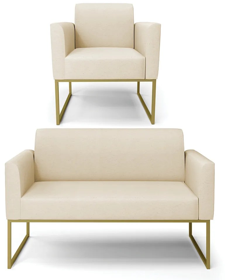 Sofá Namoradeira com Poltrona Base Industrial Dourado Marisa Linho D03 - D'Rossi - A19 Bege