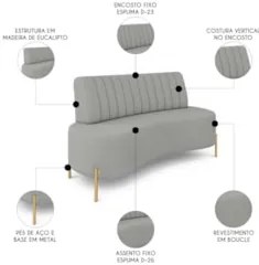 Sofá 2 Lugares 135cm Pés Aço Dourado Tamar Boucle Cinza Z08 - Mpozenat