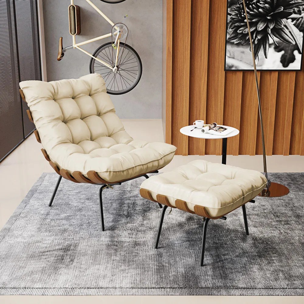 Puff Costela Corino Base Metálica Preto M11 - D'Rossi - Bege