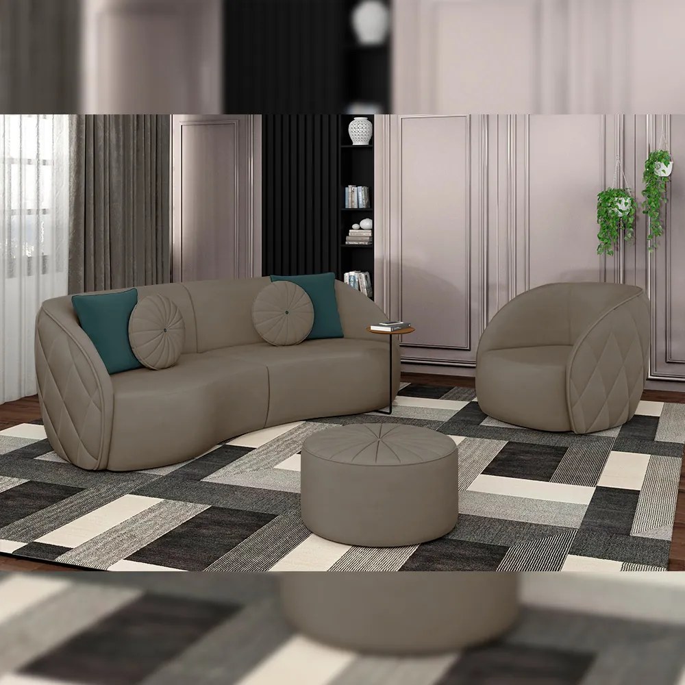 Kit 2 Puffs Decorativos Sala De Estar Round Veludo Bege G45 - Gran Belo
