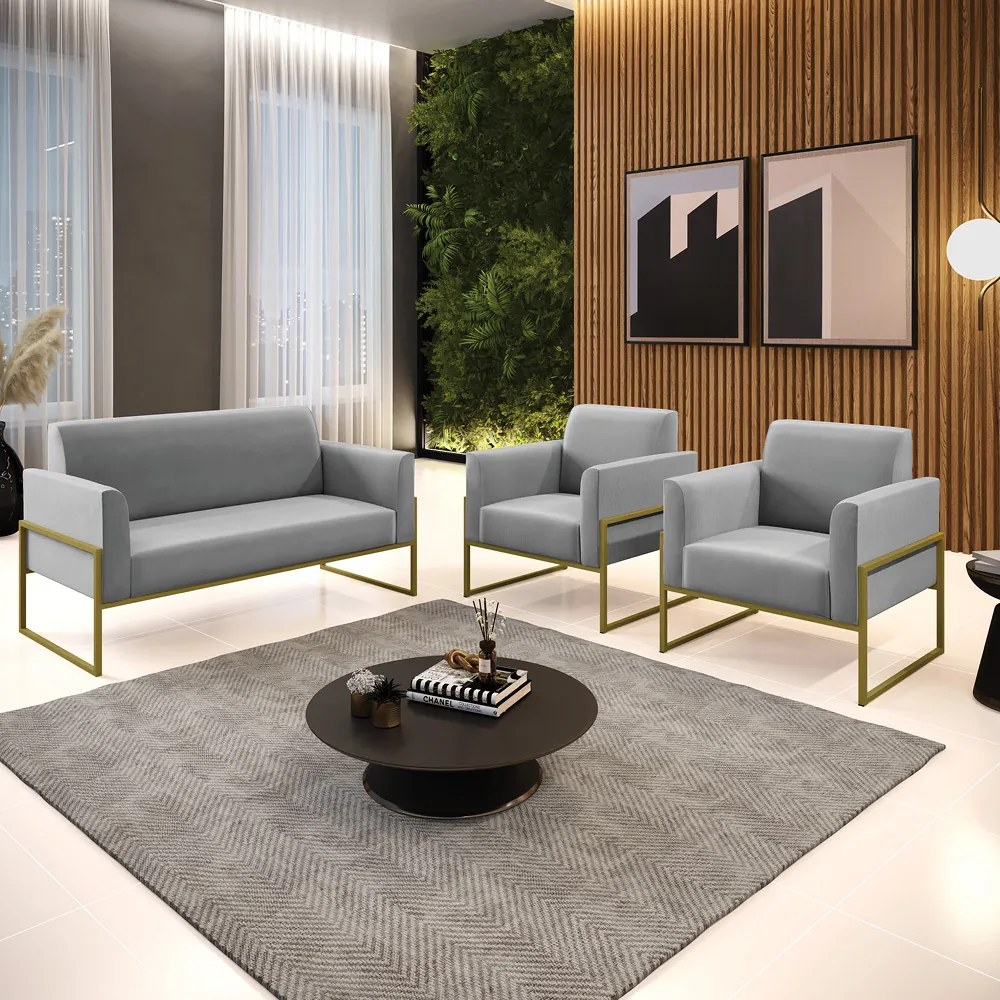Sofá Namoradeira com 2 Poltronas Base Industrial Alta Dourado Marisa Suede D03 - D'Rossi - Cinza
