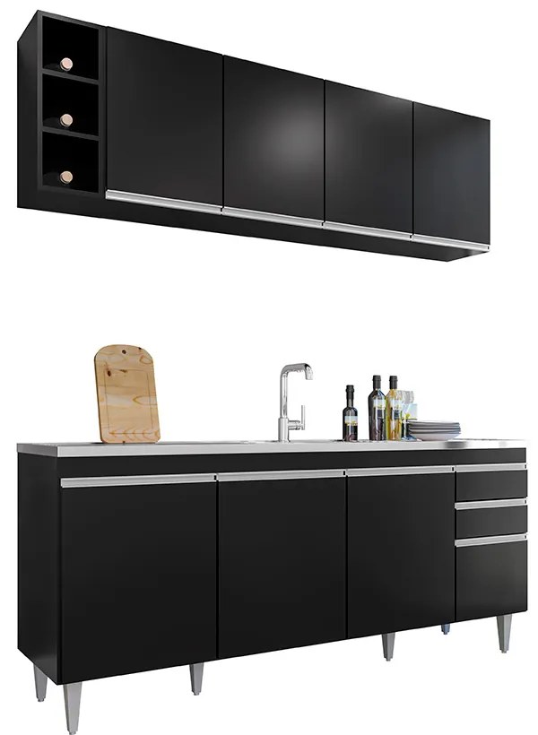 Conjunto Balcão de Cozinha para Pia Apex Armário Aéreo MDP/BP Preto G96 - Gran Belo