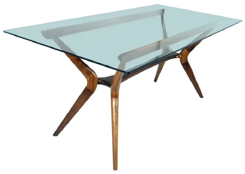 Mesa de Jantar Retrô Pés Palito com Tampo de Vidro Base Madeira Eucalipto