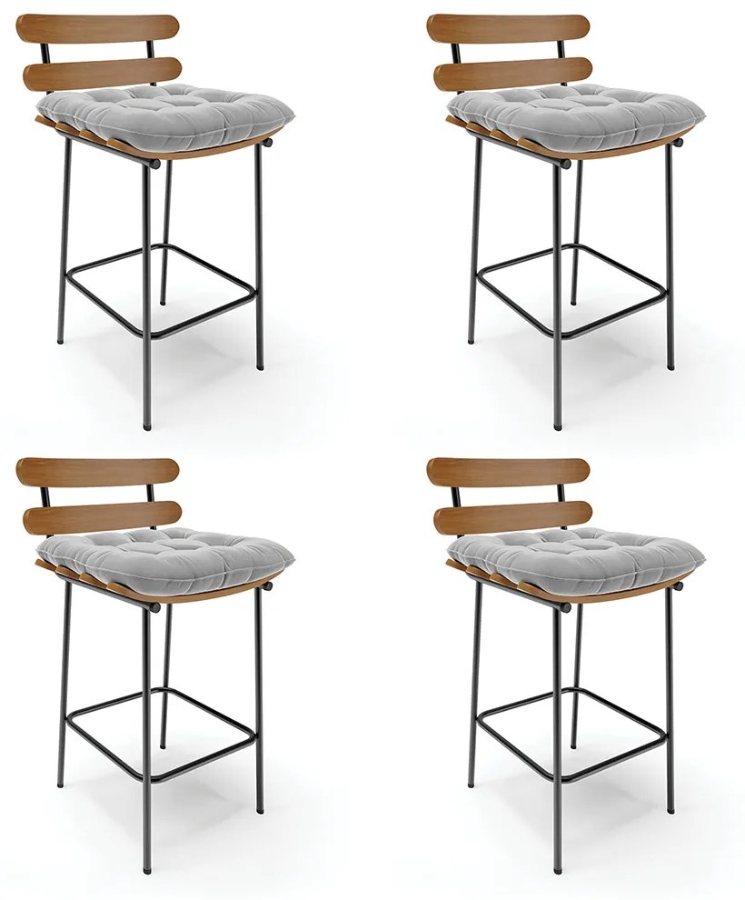 Kit 04 Banquetas Costela Suede Cinza Base Metálica Preto - D'Rossi