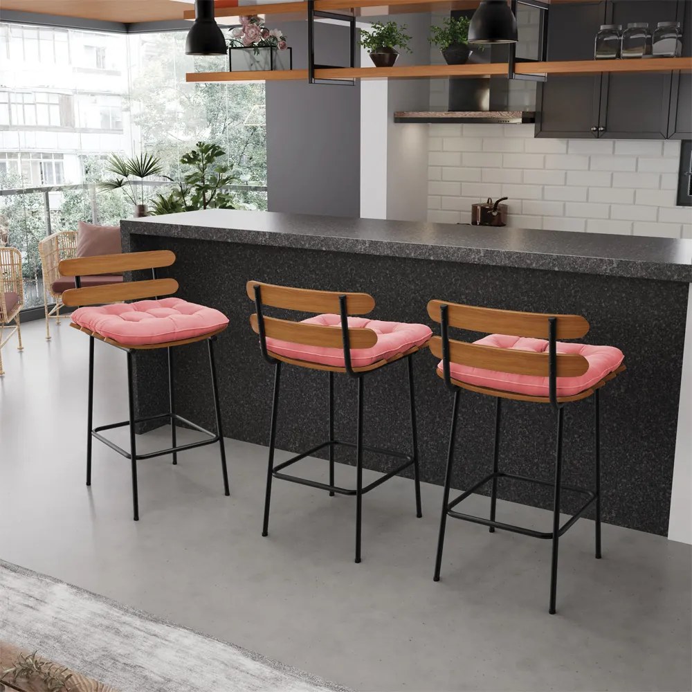 Kit 02 Banquetas Costela Suede Rosê Base Metálica Preto - D'Rossi