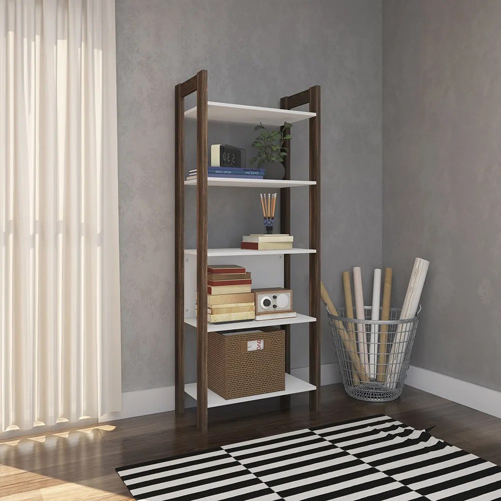 Estante 5 Prateleiras Escritório Sala de Estar Home Ofice AZ1005 MDP Branco/Nogal G69 - Gran Belo