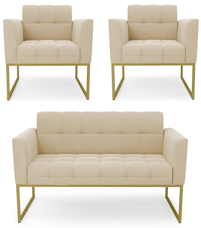 Kit 1 Sofá Namoradeira e 2 Poltronas Elisa Suede Bege Base Metálica Industrial Dourado - D'Rossi