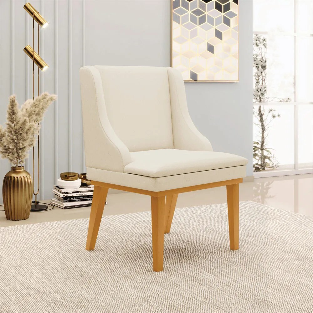 Kit 2 Poltronas Decorativas Base Fixa de Madeira Firenze Linho Bege/Castanho G19 - Gran Belo