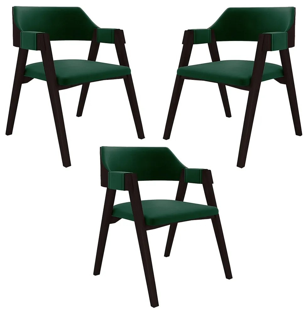 Kit 3 Cadeiras Sala de Jantar e Jogos Carteados Madeira Maciça Poker Veludo Verde/Tabaco G42 - Gran Belo