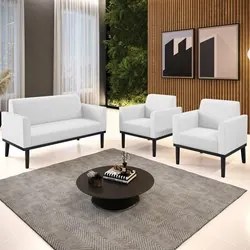 Sofá Namoradeira e 2 Poltronas Base Madeira Preto Maressa Sintético Br