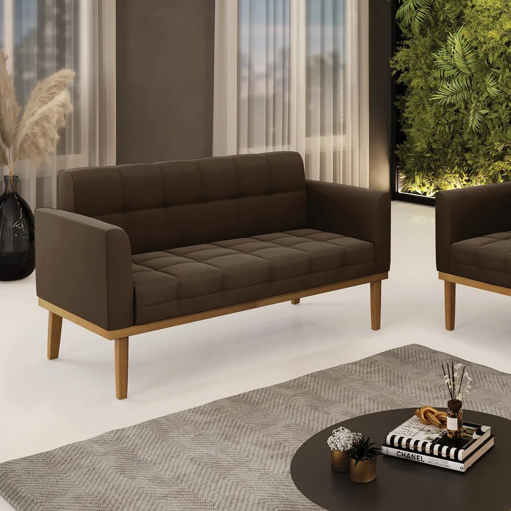 Sofá Namoradeira 2 Lugares Base de Madeira Castanho Elisa Suede D03 - DRossi - Marrom