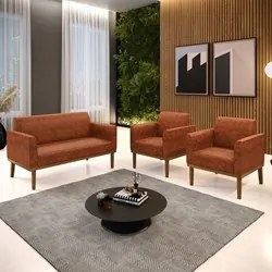 Sofá Namoradeira e 2 Poltronas Base Madeira Castanho Maressa Sintético