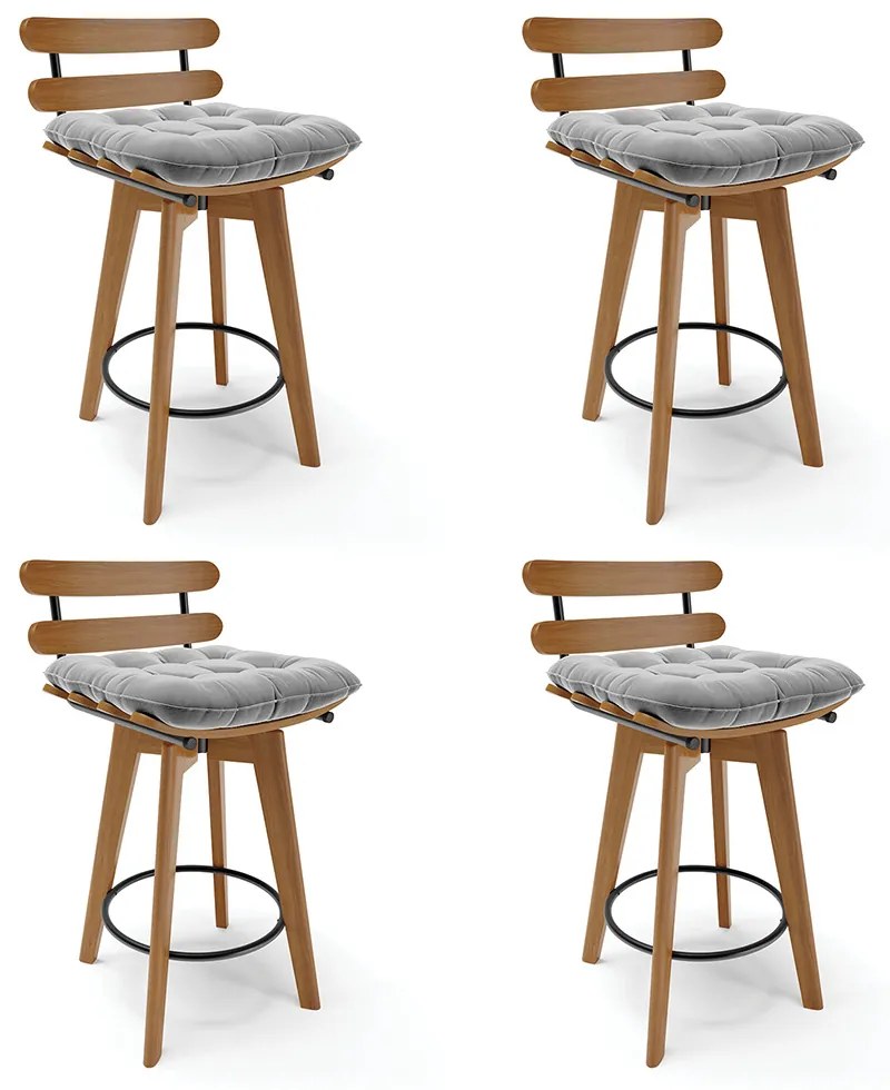 Kit 04 Banquetas Giratória Costela Suede Cinza Base Madeira MA70 - D'Rossi