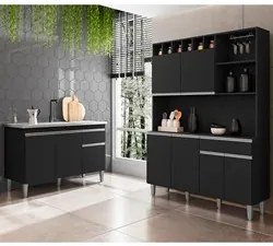 Cozinha Compacta Alice e Balcão Gabinete Com Pia Tatiane 120cm Preto -