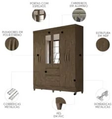 Guarda Roupa Casal 162cm Com Espelho Cuban Castanho Wood Z17 - Mpozena