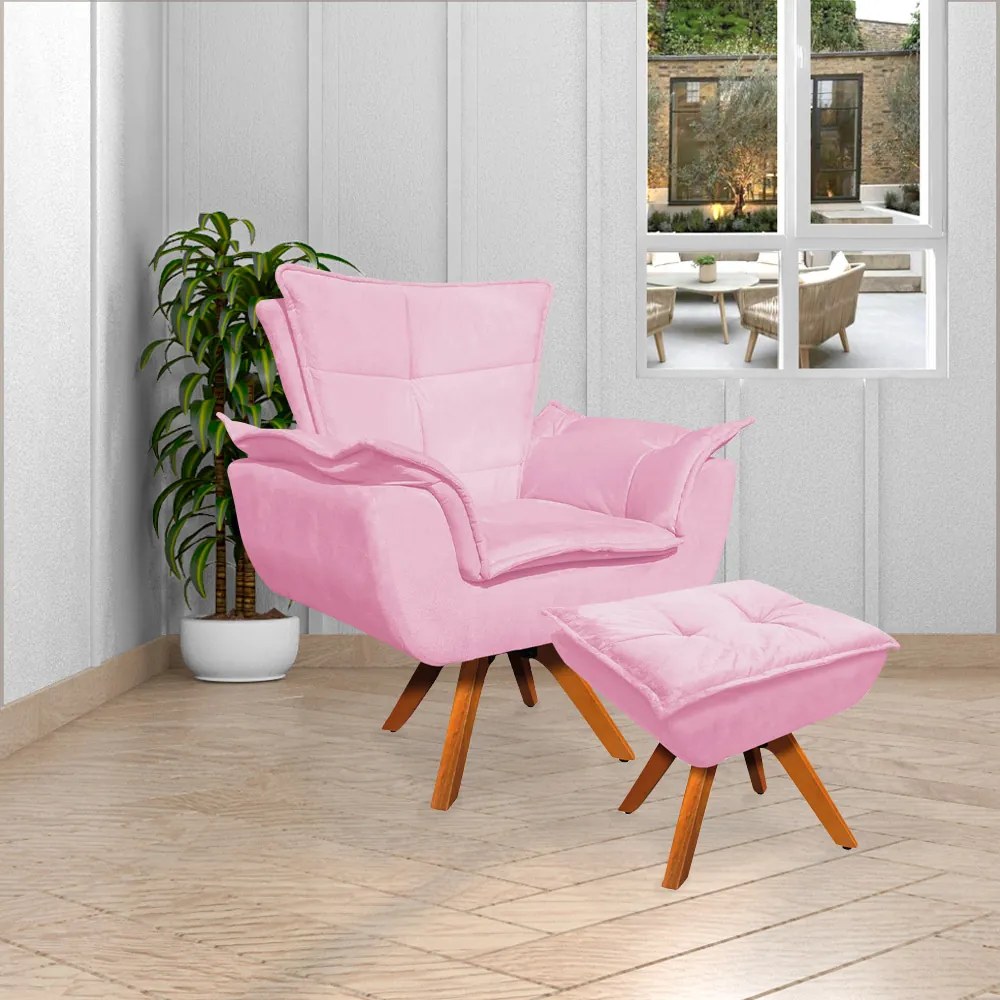Puff Decorativo Base Giratória em Madeira Charger Suede Rosa G19 - Gran Belo