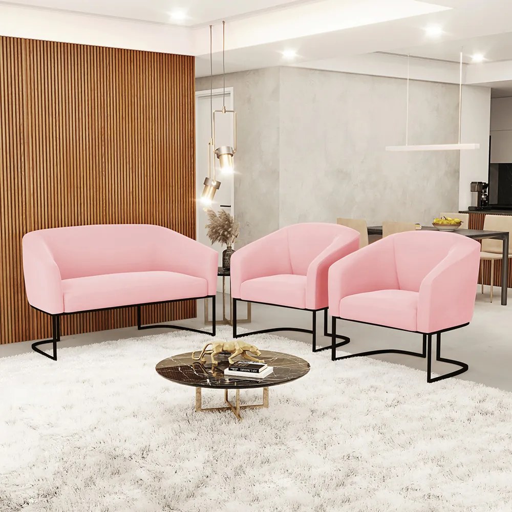 Namoradeira e 2 Poltronas Industrial Preto Stella Suede D03 - D'Rossi - Rosa Bebê