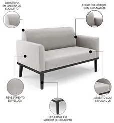 Sofá Namoradeira e 2 Poltronas Base Madeira Preto Maressa Veludo Cinza