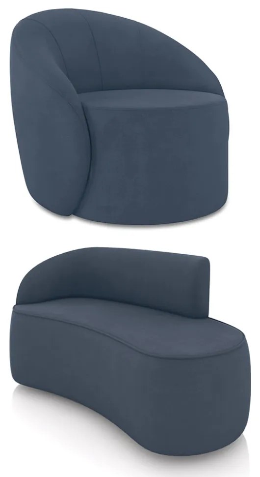 Sofá 2 Lugares Orgânico 140cm Morgan e Poltrona Lua Suede D03 - D'Rossi - Azul Marinho