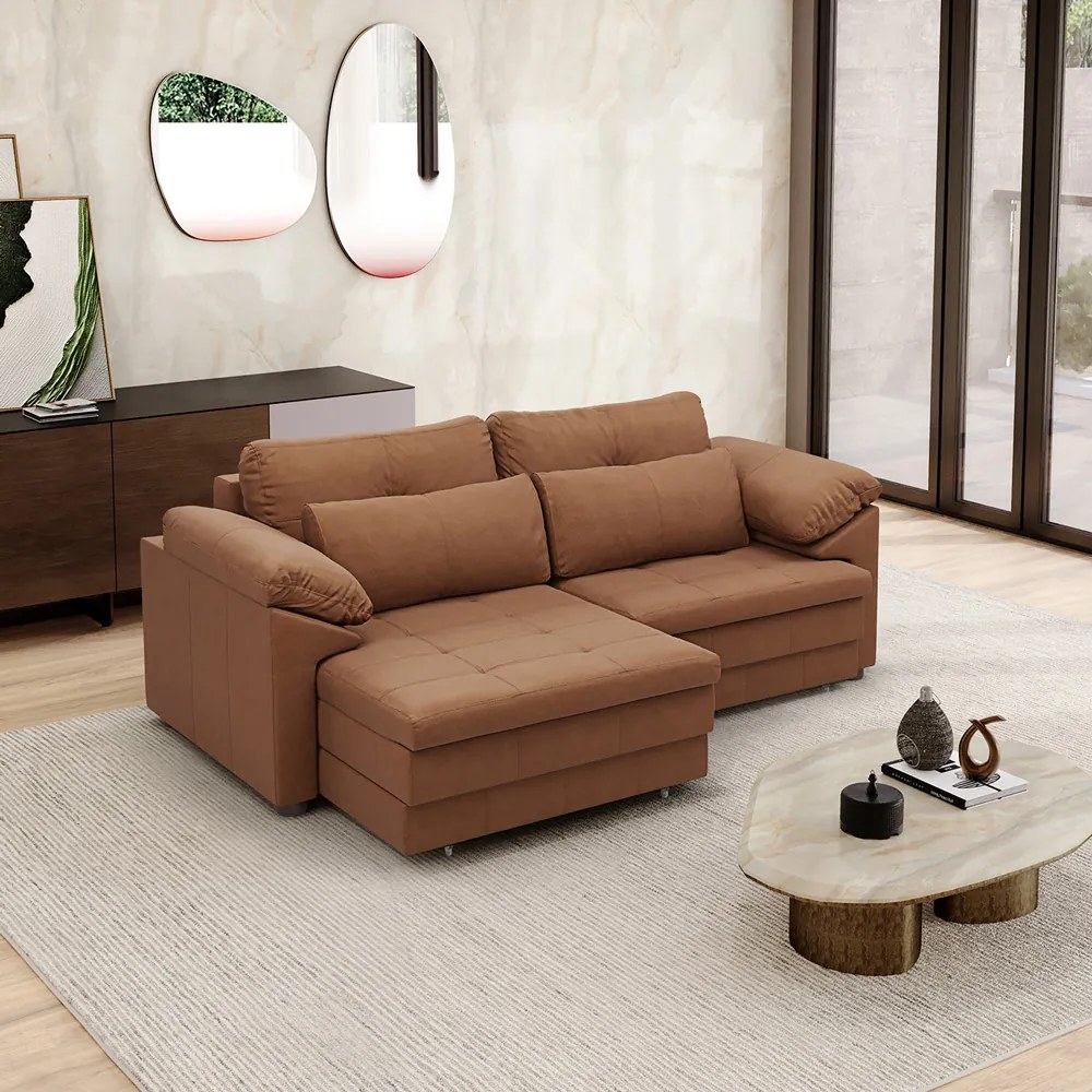 Sofá Retrátil Manual Sala de Estar Nolan Bipartido 215cm Conforto Premium em Couro Mel Manchado G58 - Gran Belo