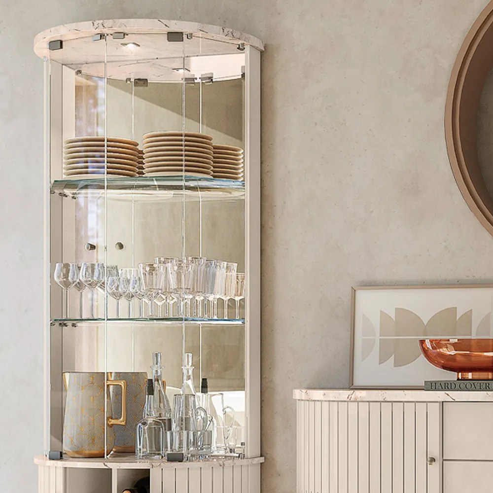 Cristaleira de Vidro Ravion e Balcão Aparador Buffet Sala Wylan M20 - D'Rossi - Calacata(brilho)/Off White(brilho)