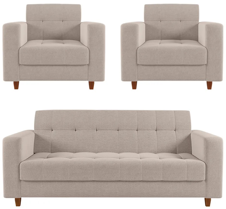 Sofá 2 Lugares e 2 Poltronas Pé Madeira Castanho Arezo Linho D01 - D'Rossi - A27 Areia