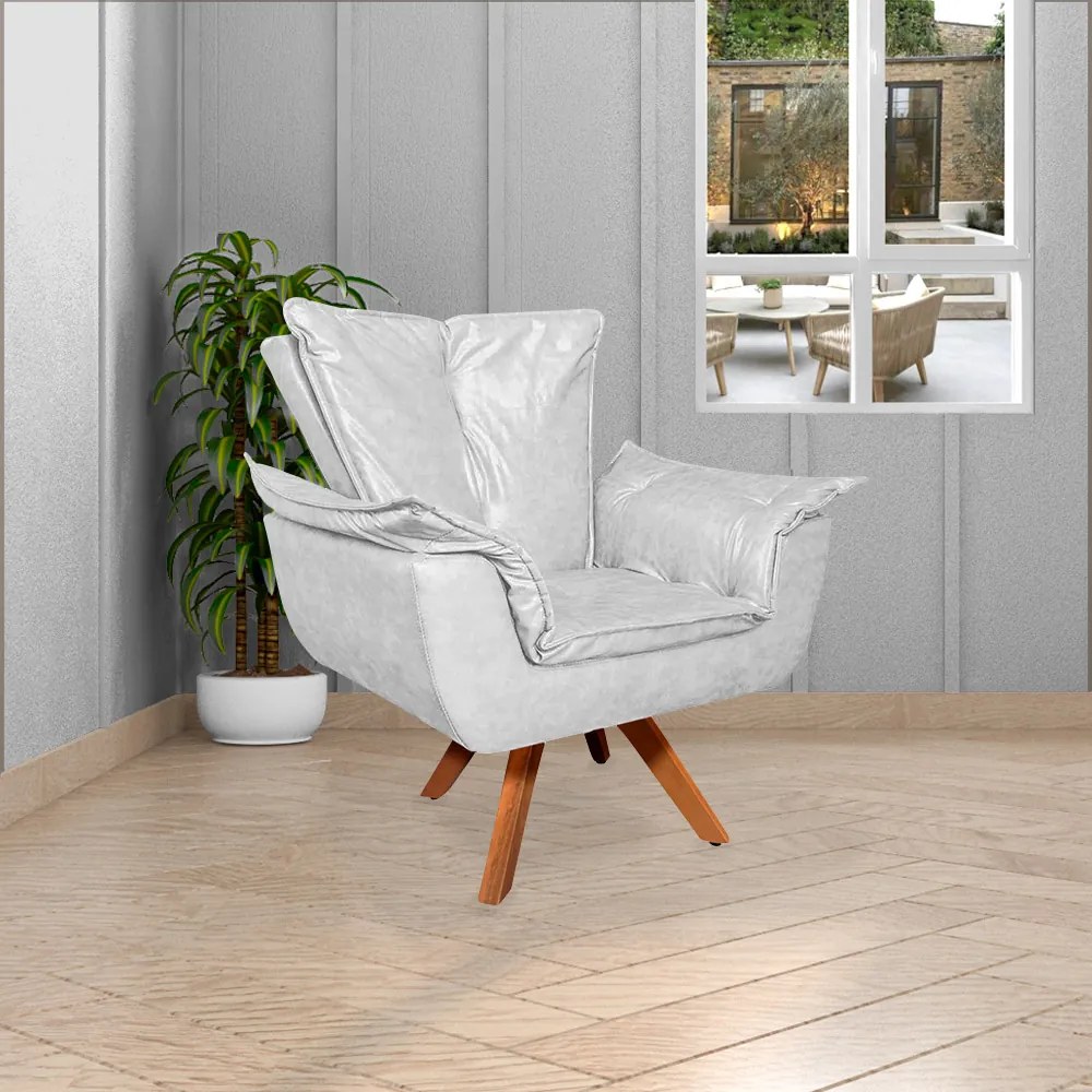 Poltrona Decorativa Base Giratória em Madeira Charger PU Branco G19 - Gran Belo