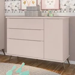 Cômoda Infantil 1 Porta 3 Gavetas 100% MDF Pés Retrô Melinda Rosê - Ph