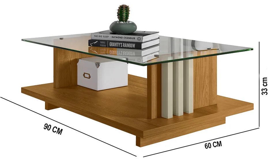 Mesa de Centro Para Sala Ripado Tampo de Vidro Mirezi M20 - D'Rossi - Cumaru e Opala
