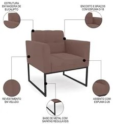 Sofá Namoradeira e 2 Poltronas Base Industrial Preto Ana Veludo Rosê -