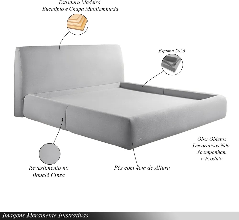 Cama com Cabeceira Pagani Queen Base no Chão Bouclê Cinza G92 - Gran Belo