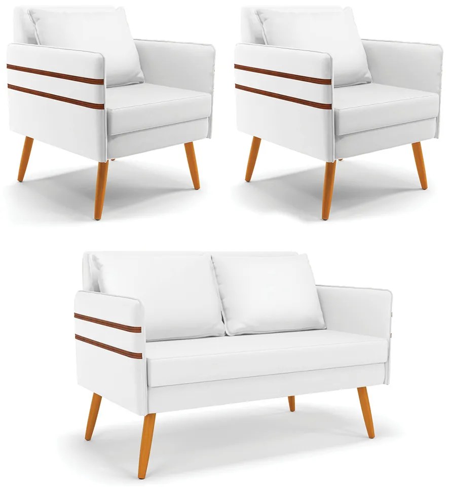 Kit 01 Namoradeira 02 Lugares e 02 Poltronas Mari Corino Pés Palito Castanho - D'Rossi - Branco