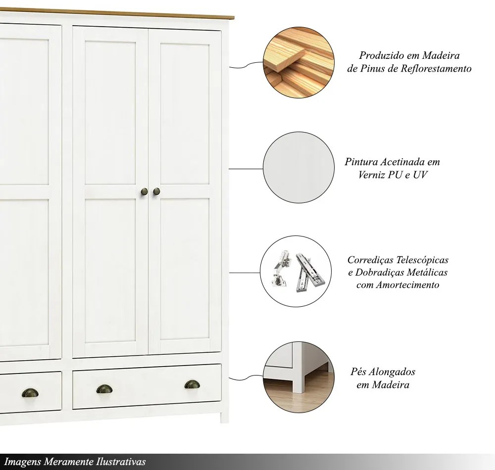 Guarda Roupa Madeira Maciça 4 Portas Osiris 2 Gavetas Branco/Freijó G74 - Gran Belo