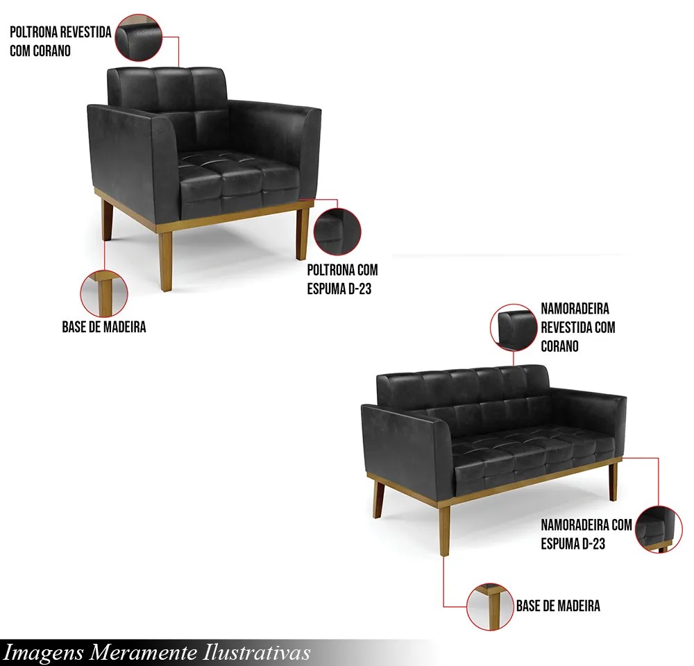 Conjunto Poltrona e Namoradeira Decorativas Karen Pés Fixo em Madeira Castanho PU Preto Brilho G19 - Gran Belo