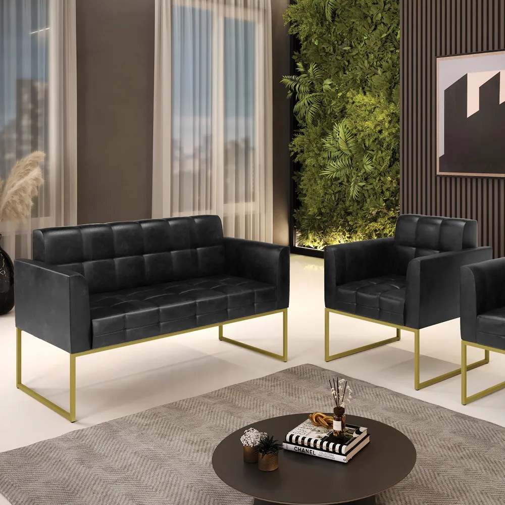 Kit 1 Sofá Namoradeira e 1 Poltrona Elisa Corano Preto Base Metálica Industrial Dourado - D'Rossi