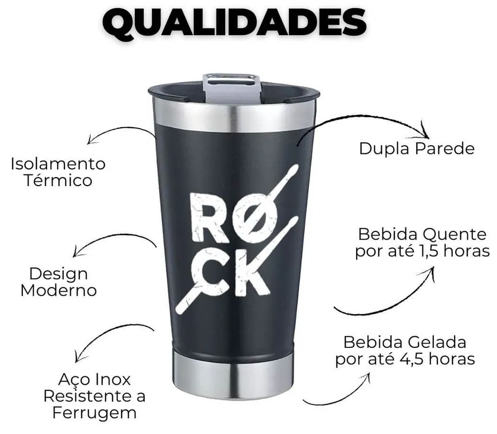Copo Térmico Rock Baquetas Preto Com Tampa e Abridor Chopp