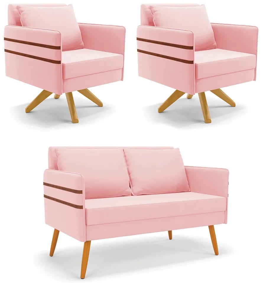 Kit 01 Namoradeira 02 Lugares e 02 Poltronas Mari Suede Base de Madeira MA30 - D'Rossi - Rosa Bebê