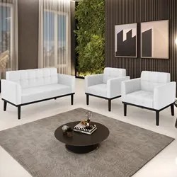 Sofá Namoradeira e 2 Poltronas Base Madeira Preto Ana Sintético Branco