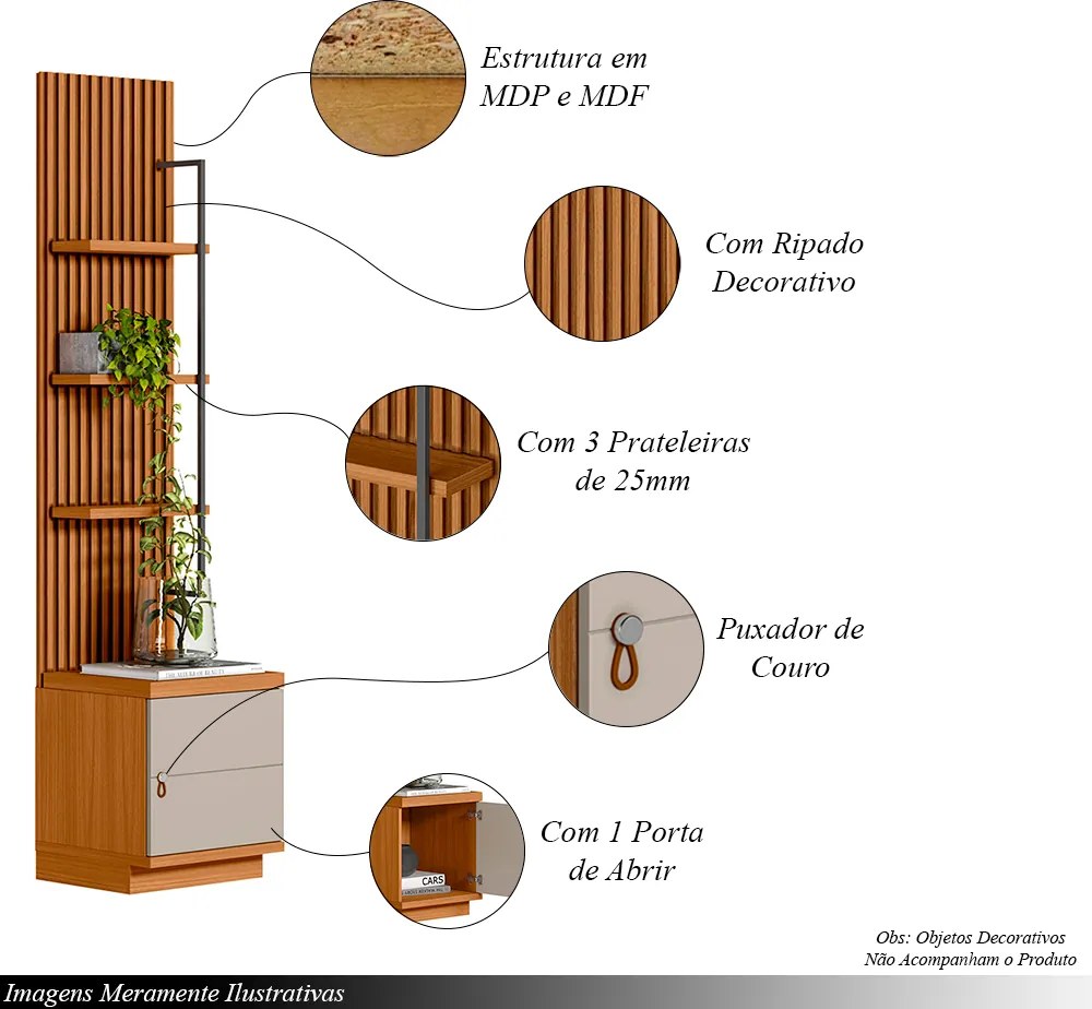 Módulo Lateral Decorativo Aloha Ripado com Prateleiras e Porta Nature/Off White G77 - Gran Belo