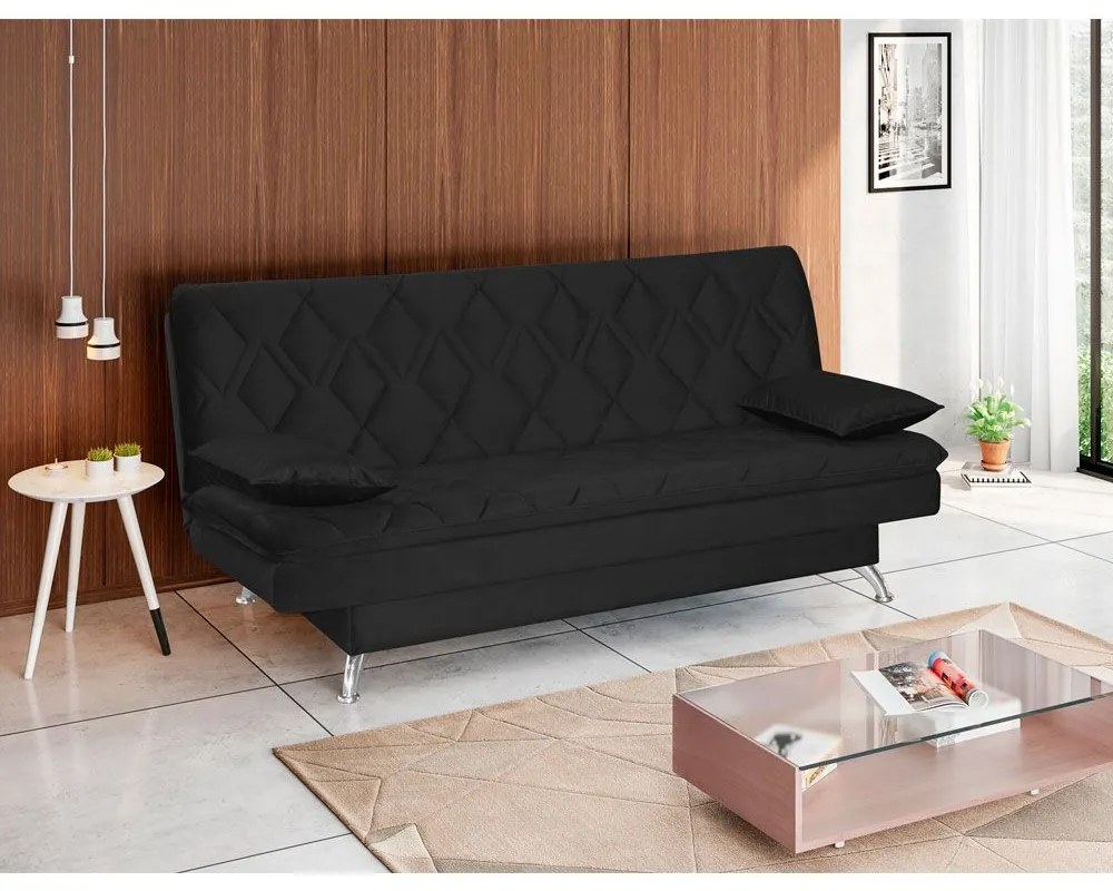 Sofá Cama Sala de Estar 193cm Belinda com Pés Alumínio Veludo Preto G45 - Gran Belo