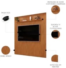 Painel TV 75 Pol 223cm Suspenso Ripado Noah D04 Freijó - Mpozenato