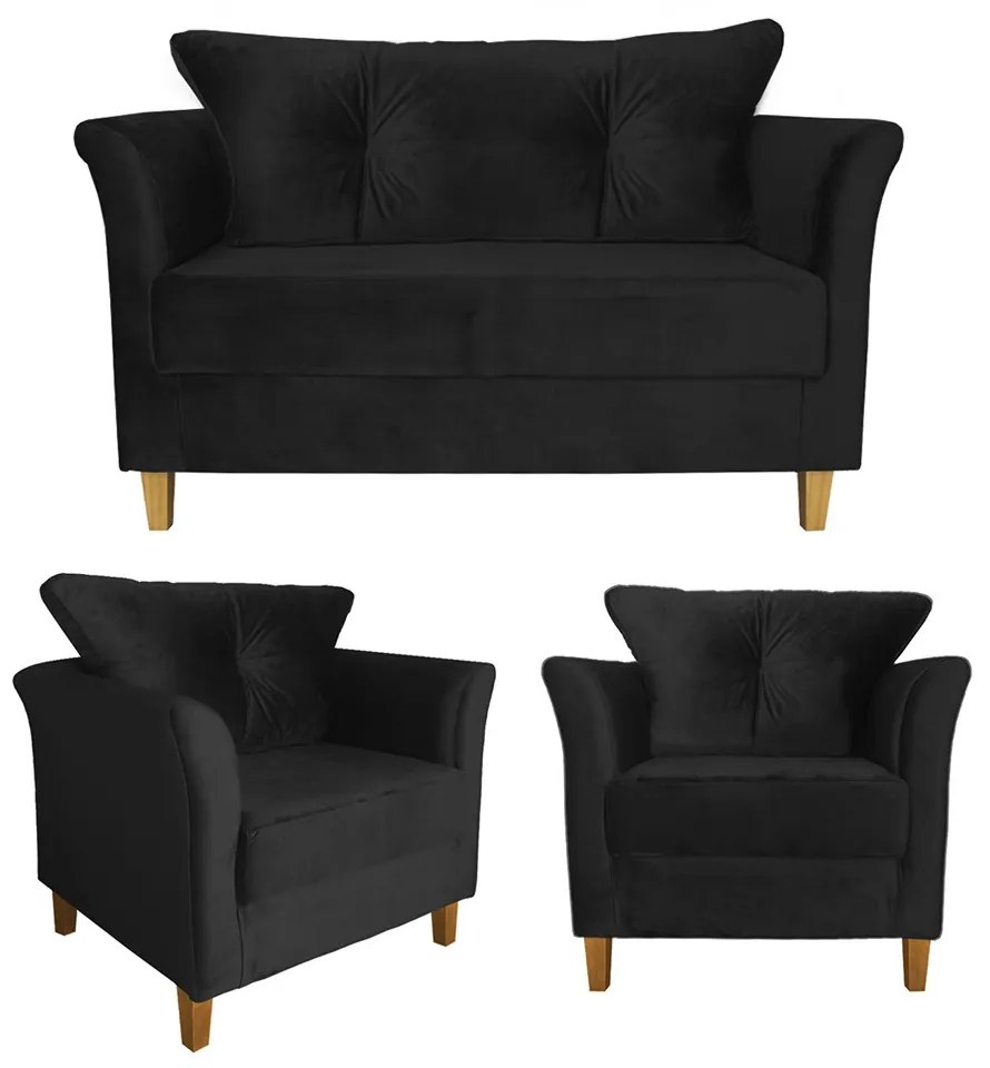 Kit Sofá Namoradeira + 2 Poltronas Ibis Decorativa Suede Preto