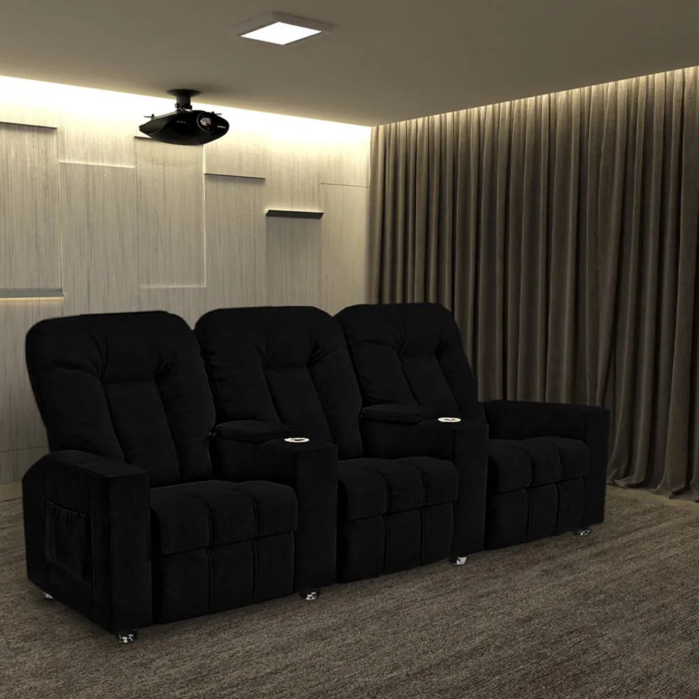 Poltrona Reclinável 3 lugares para Sala de Cinema Pequim Veludo Preto G23 - Gran Belo